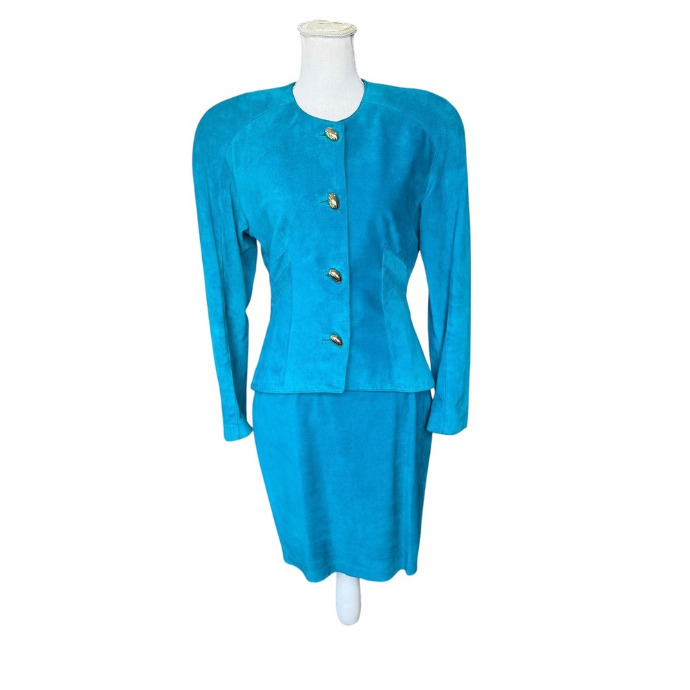 Danier Vintage Teal Blue Suede Leather Skirt Suit Set Gold Buttons Size 8 Small